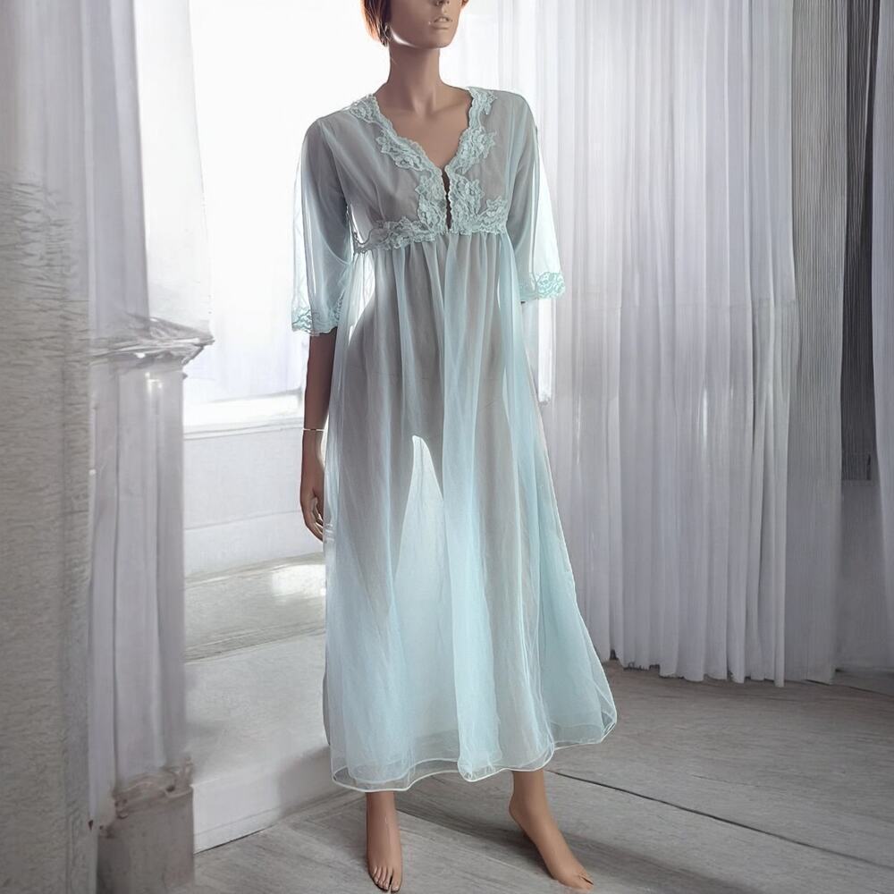 Vintage Blue Chiffon Tulle Lace Robe Double Layer Lingerie